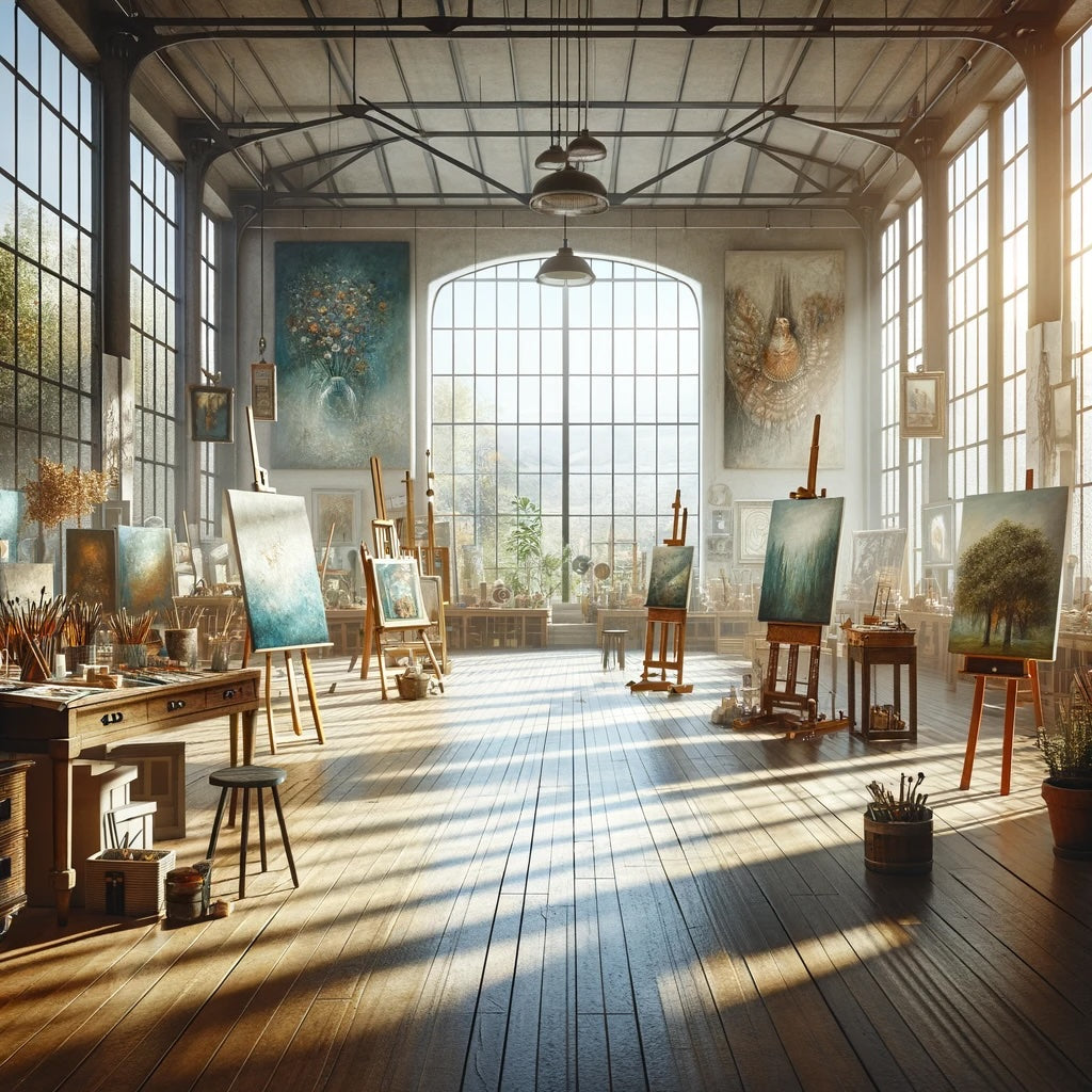 Ruhiges Kunststudio, erfüllt von natürlichem Licht, mit Gemälden an den Wänden und Skulpturen auf Sockeln, vermittelt eine friedvolle Atmosphäre der Kreation und Wertschätzung.