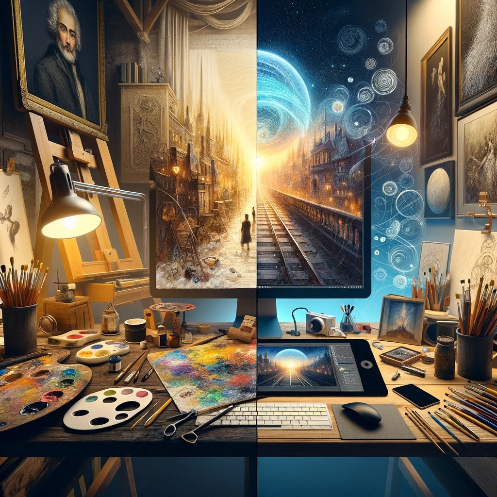 "Klassisches Kunststudio mit Staffelei und Farbpalette auf der linken Seite und moderner digitaler Kunst-Arbeitsplatz mit Grafiktablett und Monitor auf der rechten Seite, symbolisiert die Vereinigung von traditioneller und digitaler Kunst.