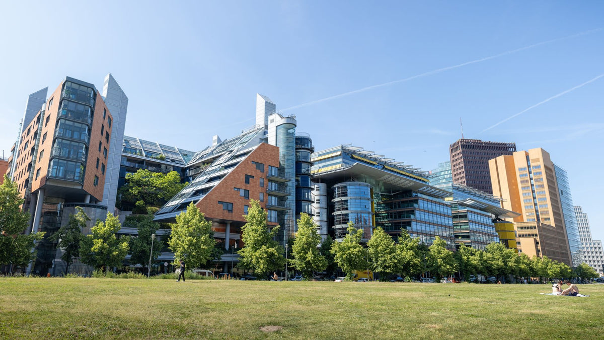 Street view of a Berlin contemporary art district with modern galleries and street art