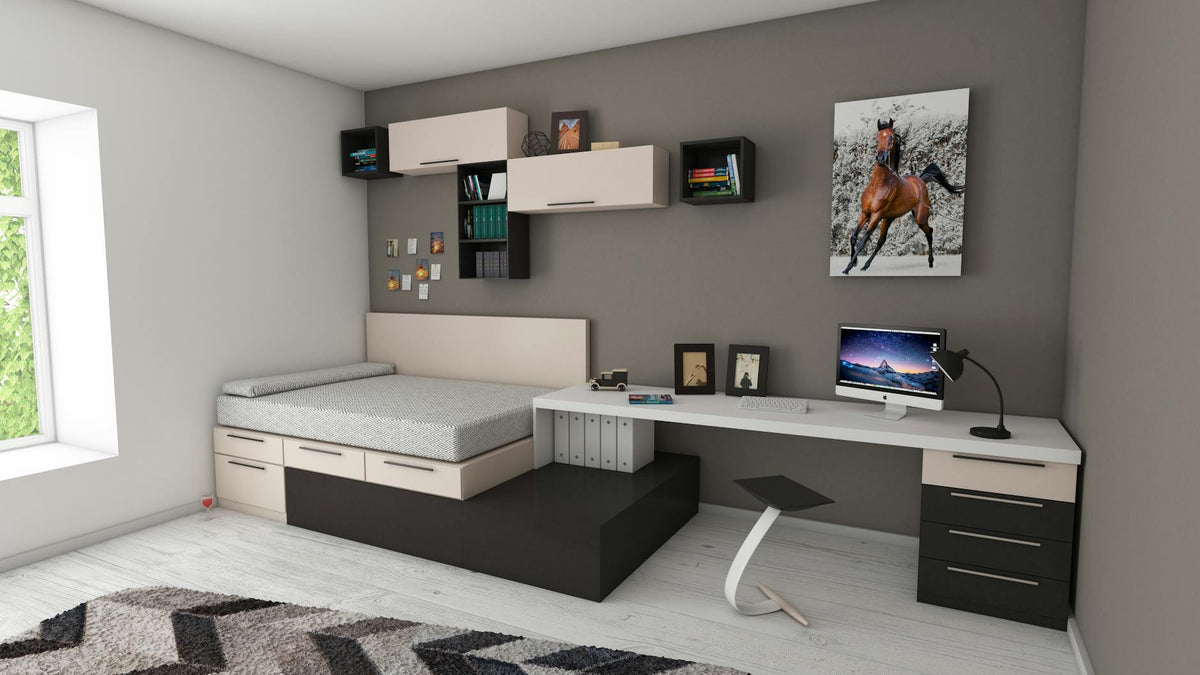 Contemporary office space with modern art on walls