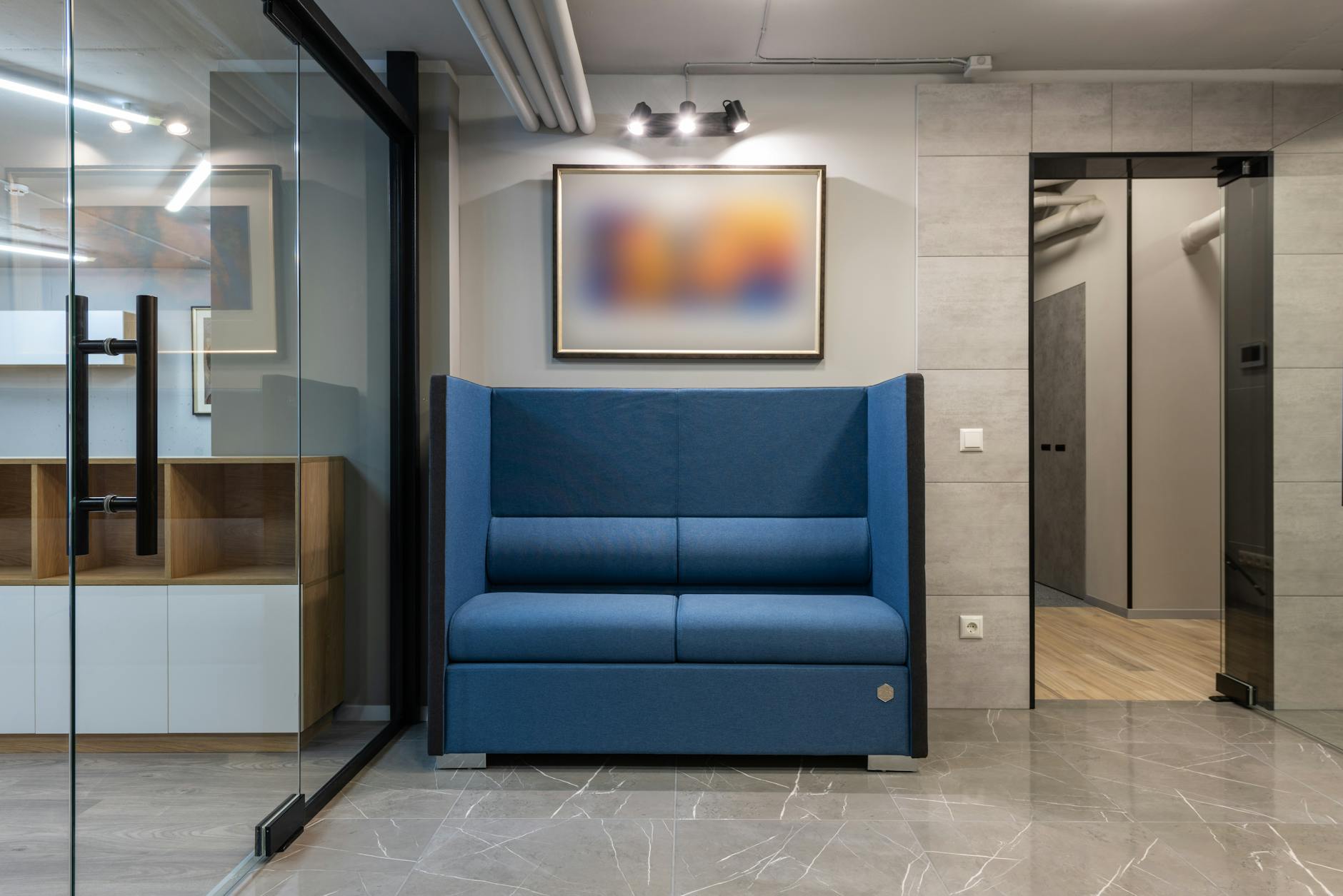 Contemporary art installation in a minimalist modern office